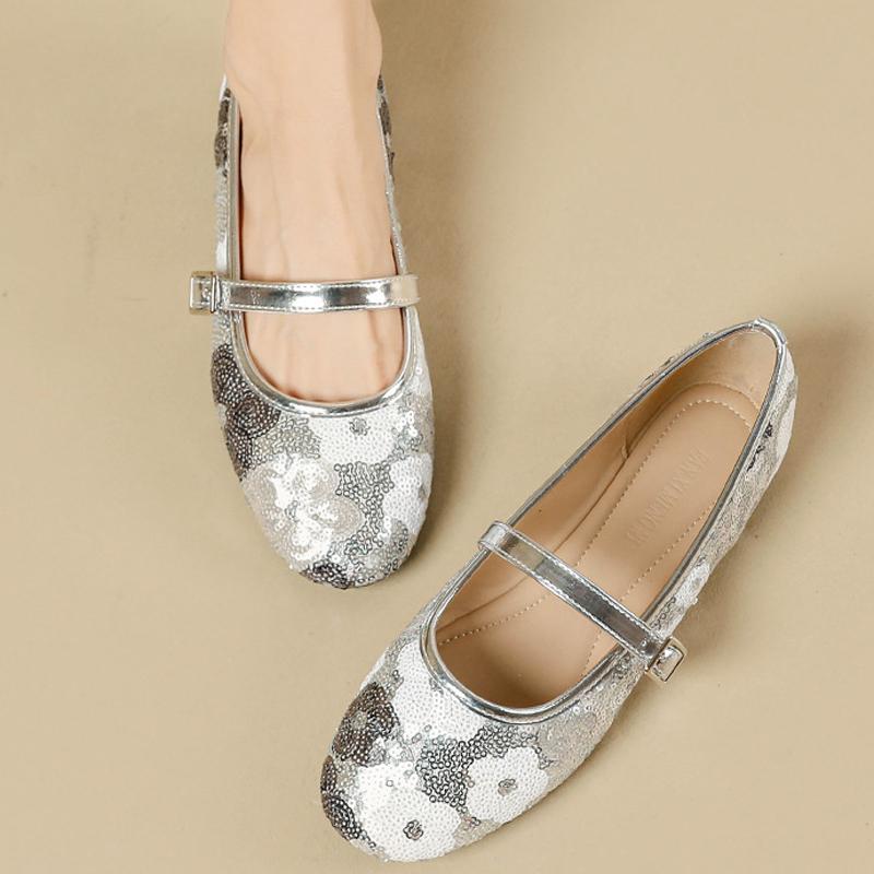 Fashion Designer Paillette Flower Ballets Shoes Ladies Belt Buckle Mary Janes Woman Soft Soled Flats Loafers Traf Gold Ballerinas Femme