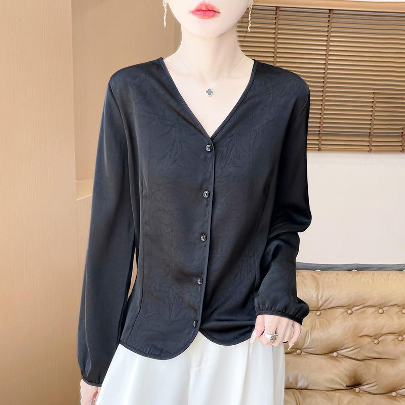 Women's Silk Satin V-Neck Long Sleeve Loose Shirt