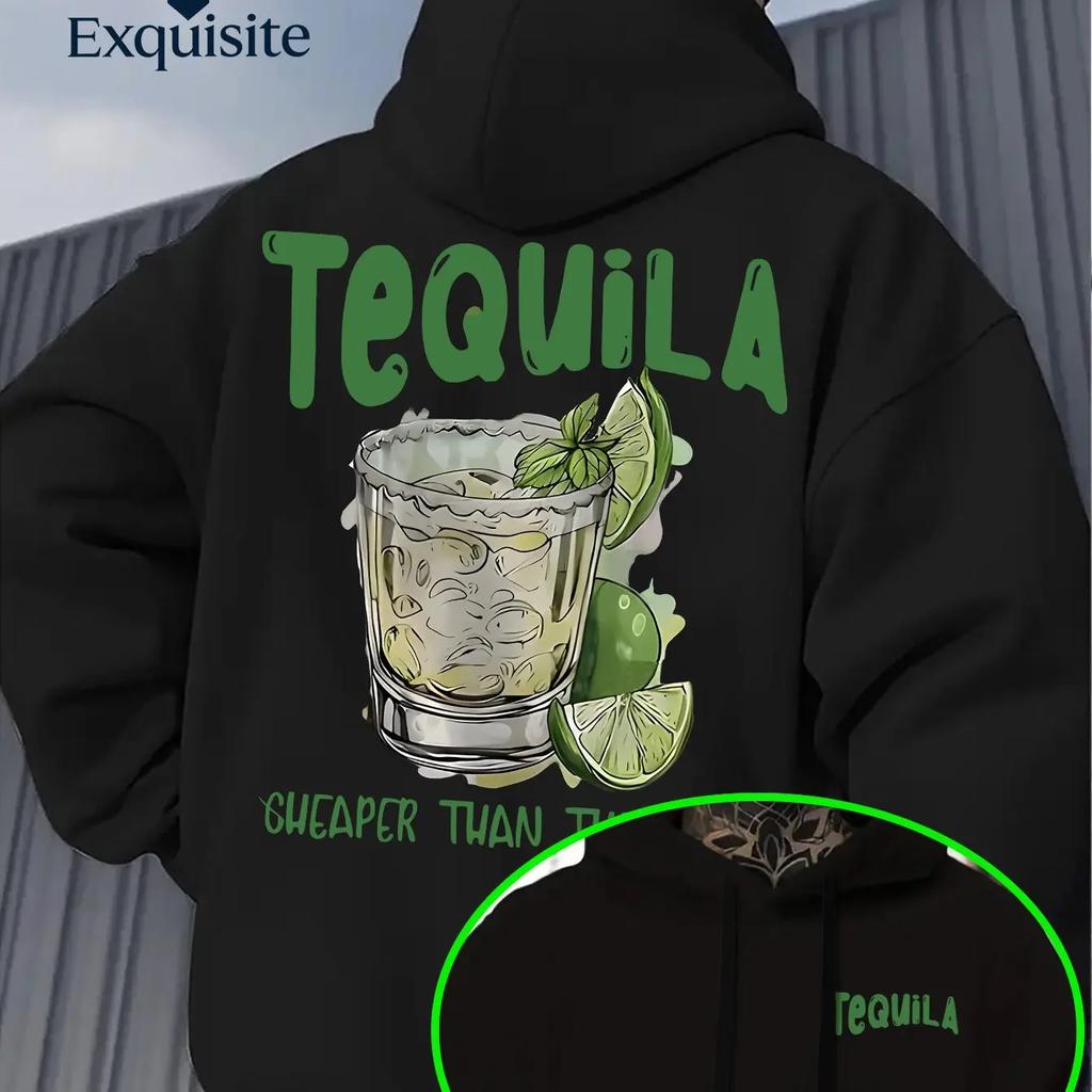Men's Hooded Sweatshirt with Tequila and Lime Cocktail Print for Autumn/winter, Comfortable and Loose-fitting, Urban Style.