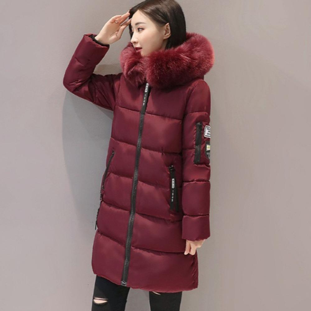 Women Winter Fur Collar Hooded Parka Fashion Letter Patch Zipper Pockets Design Long Jacket Elegant Slim Warm Thick Female Coats