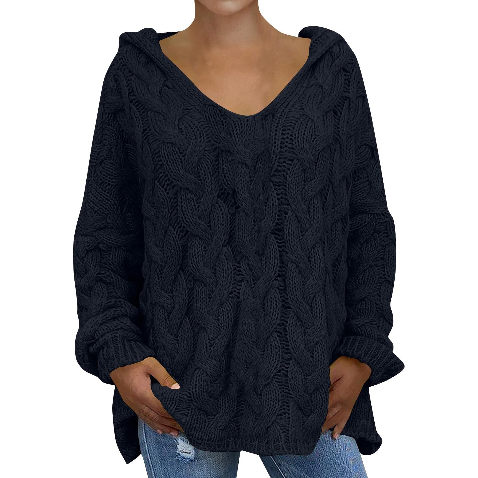 Women s Casual Fashion Sweater Knitting Pullover Loose Hooded Sweater XXXL чёрный
