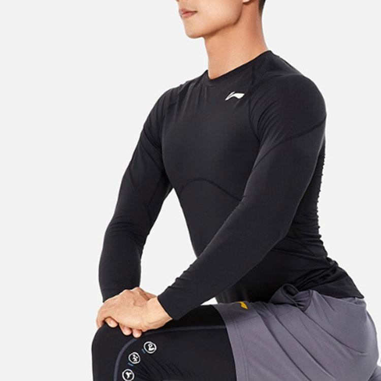 Li Ning Fitness Series Solid Color Round Neck Long Sleeve Tight Fitness Shirt Men Tops Black AUDS015-1