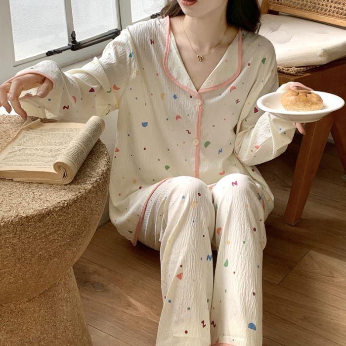 Spring and Autumn New Women's Pajamas Homewear Suit Girls Autumn and Winter Clouds Cotton Cardigan Cute Cartoon Homewear Suit