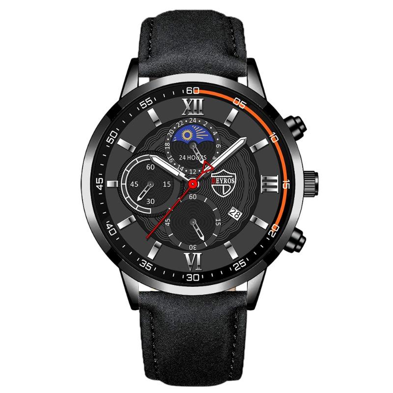 DEYROS Men's Watch Fashion Men's Business Leather Calendar Watch Men's Student Luminous Quartz Watch