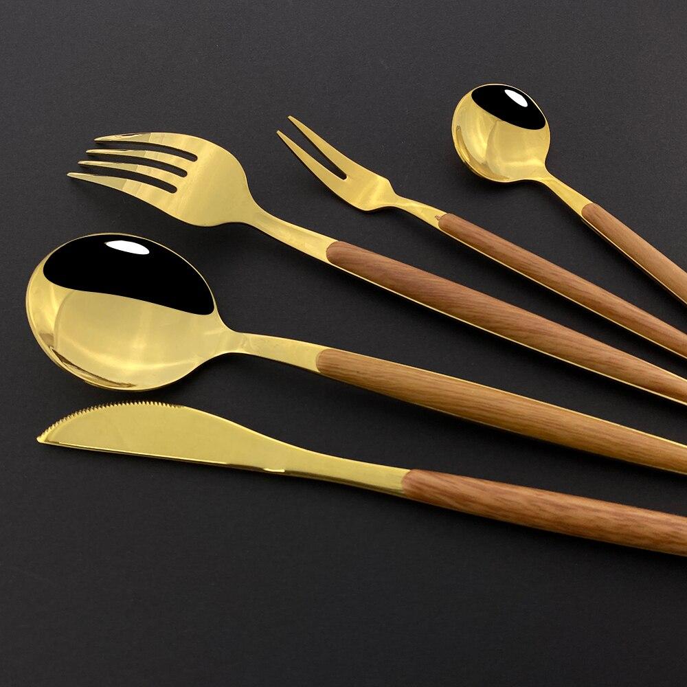 1/4/5 шт. зеркало золото нержавеющая сталь деревянная ручка набор столовой посуды набор — фото 6