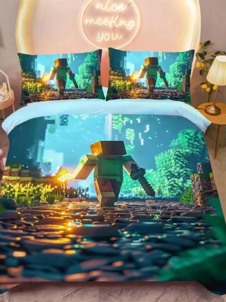 3D Cartoon Minecraft Duvet Cover for kids,Game Simulated World Bedding Set,Duvet Cover Pillowcases with Zipper Youth Kids Gift