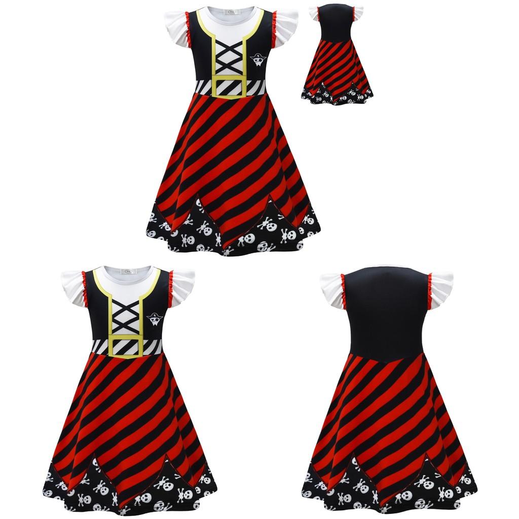 Skull Print Halloween Girls Dress With Ruffle Hem And Printed Fabric For Kids Age 3 To 8