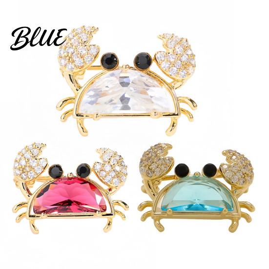 Alloy Crab Pin Women Brooch Sparkling Rhinestones Blue Shell Small