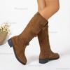 Plus Size 36-43 Women's Suede Mid-Calf Boots Metal Buckle Straps Mid Heel Knee-High Boots 2026 Autumn Winter Fashion Botas Mujer