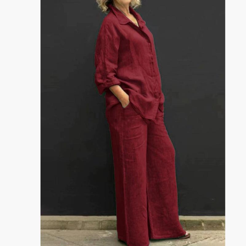 

Женские весенне-летние повседневные брючные костюмы Весенний костюм Стильный Хлопковый и Льняной костюмный набор с рубашкой с длинным рукавом и брюками широкого кроя 5XL красный