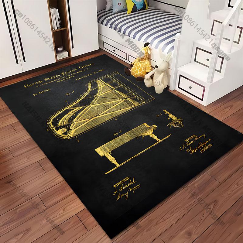 Piano Frame Patent Blueprint Drawing Carpet Yoga Living Room Room Decor Children's Crawling Mat Doormat Area Rug Games Mat