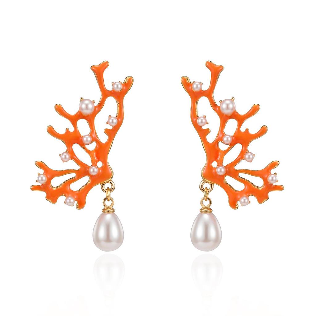 Holiday Style Coral Faux Pearl Starfish Tassel Earrings