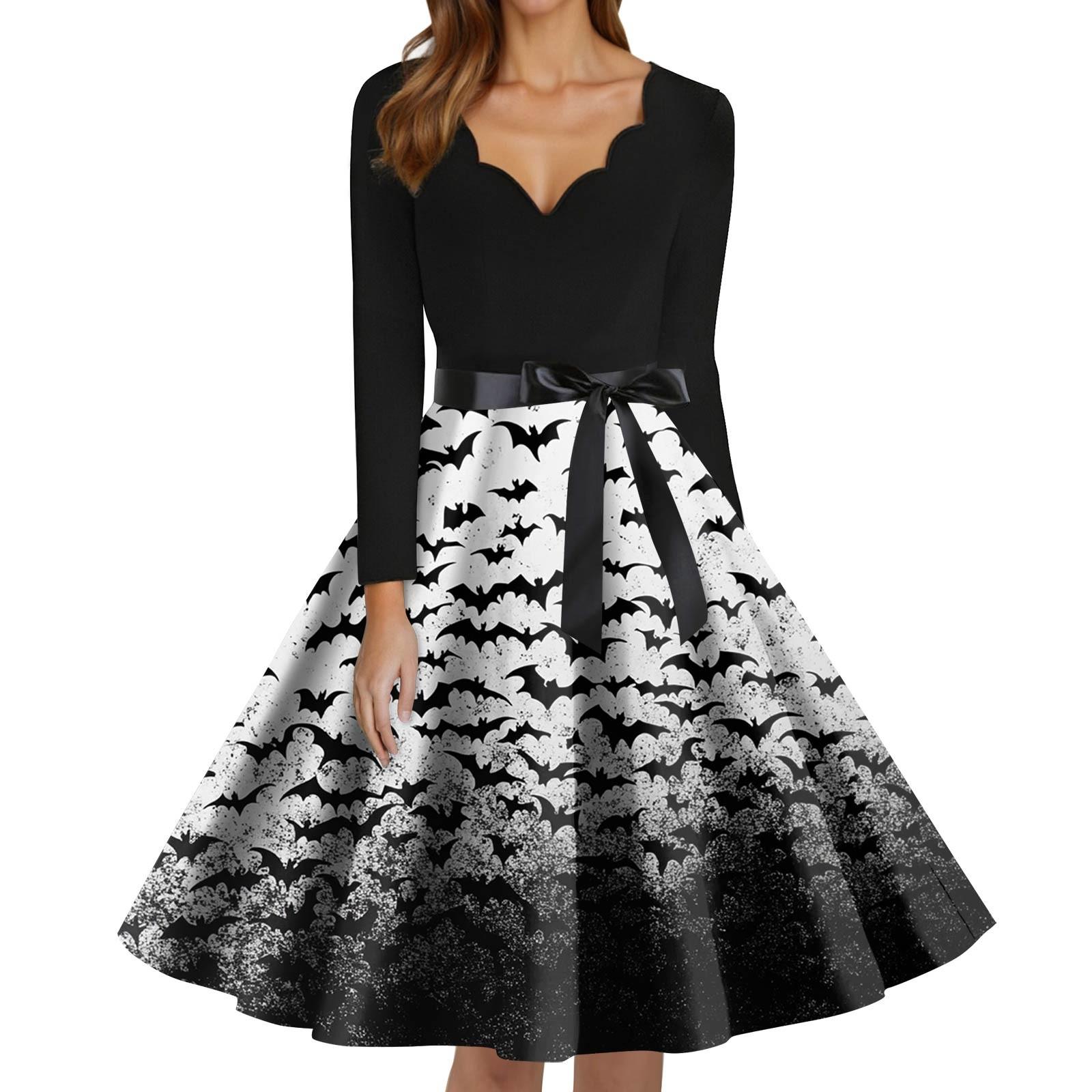 

Women s Fashion V-Neck Casual Slim Fit Halloween Printed Long Sleeve Dress L