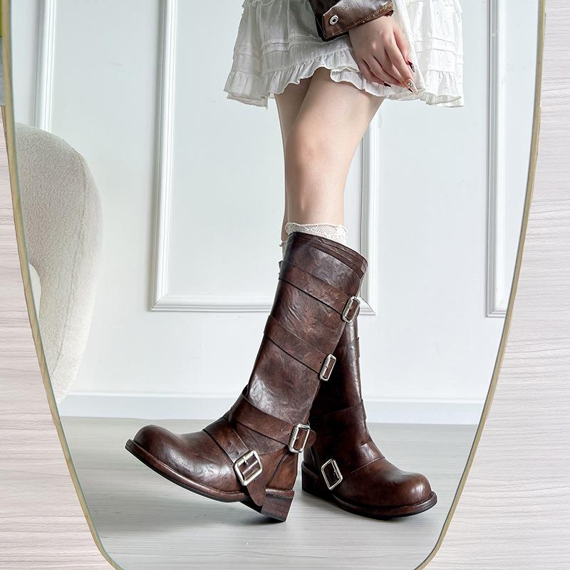 Sheepskin version~ stand tube catwalk belt buckle fashion boots autumn and winter new retro thick heel but knee high boots long boots
