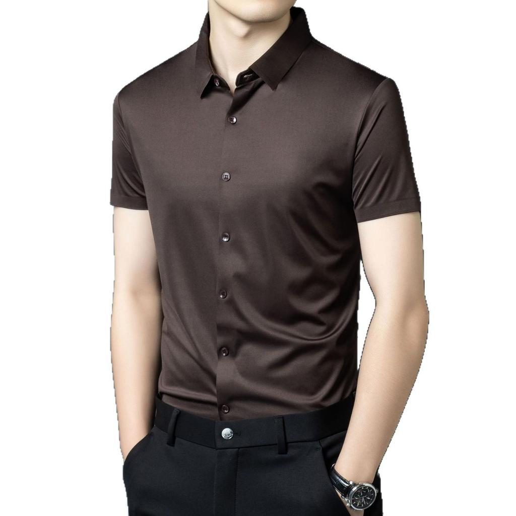 Men's Ice Silk Short Sleeve Lapel Shirt - Business Casual, Non-Iron, Elastic Fit for Middle-Aged Dads