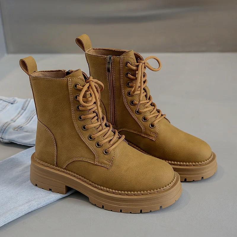 Women's Fashion Boots Retro Leather Ankle Boots Women Luxury Soft Sole Short Boots New Platform Non-slip Round Toe