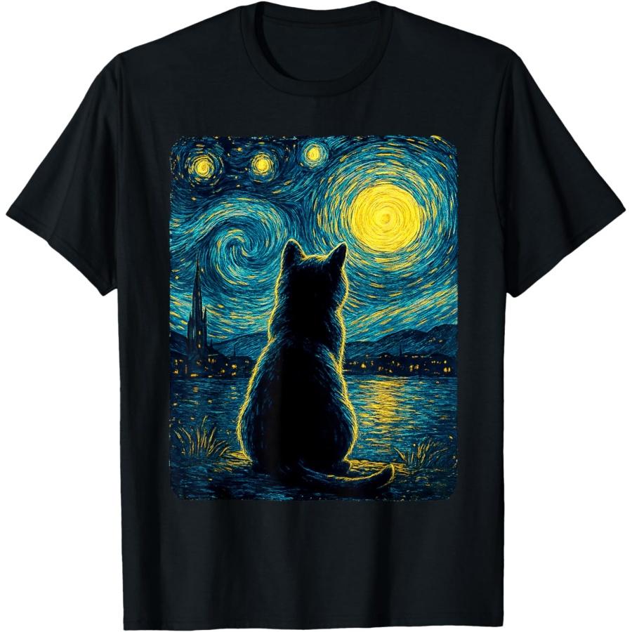 Футболка для любителей черных кошек «Звездная ночь» Винсент Ван Гог S чёрный