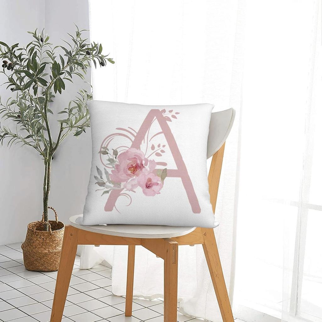 Alphabet A Throw Pillow Covers, 18" X 18" Pink Floral Monogrammed Pillow Cases - Letter A Pillow Covers - Initial Pillow Cover - Soft Square Cushion