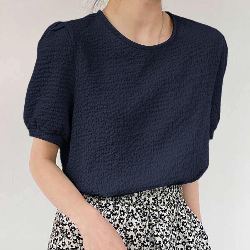 

ZANZEA Женская повседневная блузка с круглым вырезом, летняя, с коротким рукавом, однотонная 4XL тёмно-синий