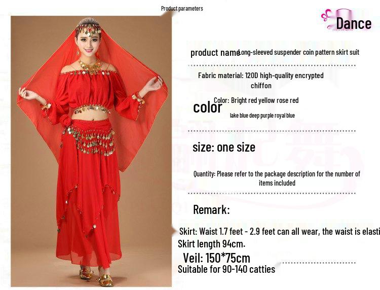 Traditional Ethnic Belly Dance Costume with Coin Skirt and Long Sleeves