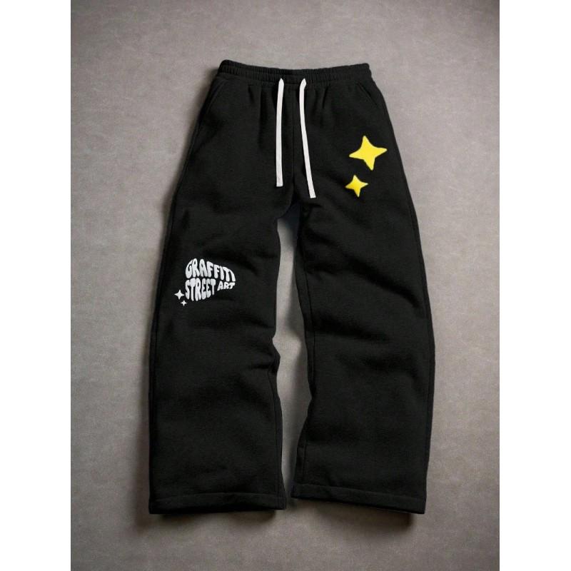 Y2K Gothic Letter Print Wide Leg Sweatpants Loose Fit Tie Waist Track Pants Unisex Women