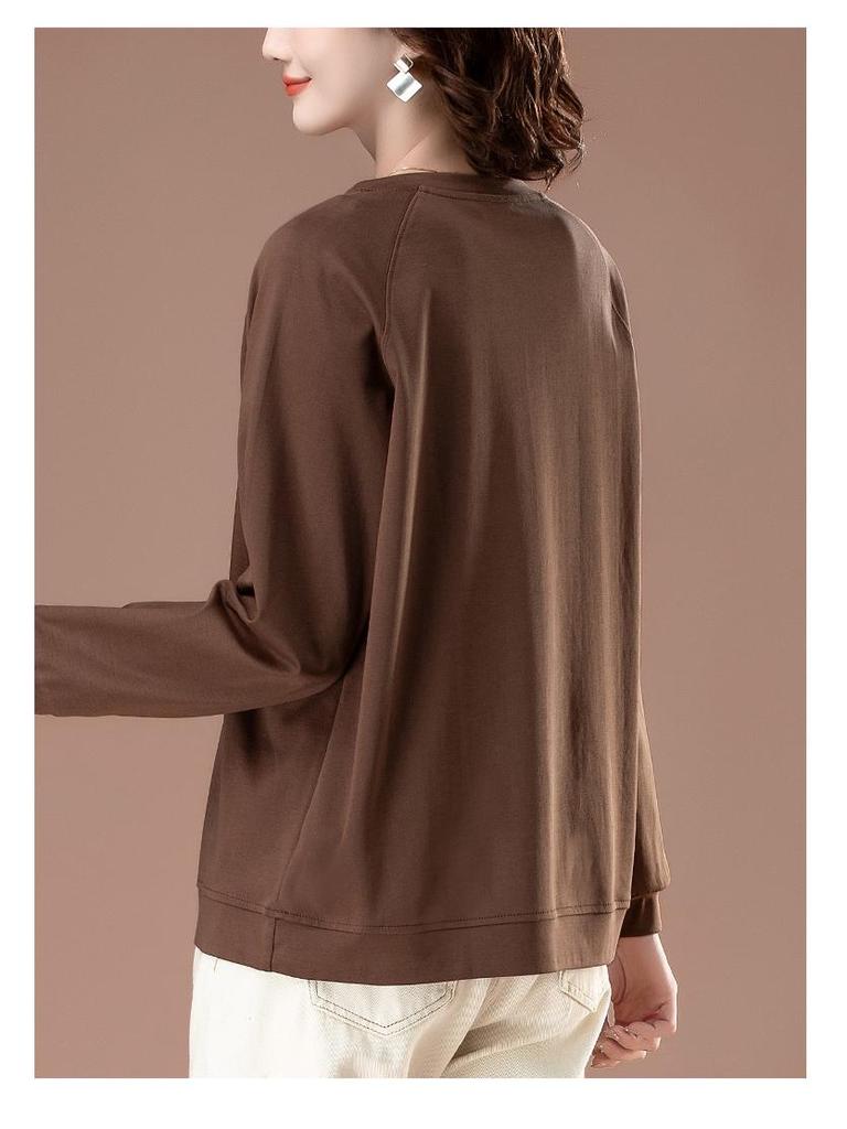 Damen Übergröße Langarm Schlankmachendes Baumwoll-Top - Unifarben, Herbststil für Mütter mittleren Alters