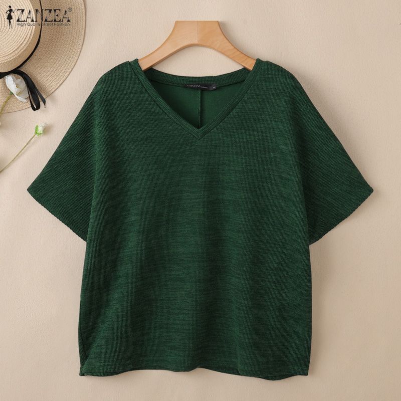 ZANZEA Women Casual V-Neck Loose Short Sleeve Knitwear T-shirt