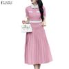 Women Casual Turn Down Collar Summer Short Sleeve Pleated Dress
