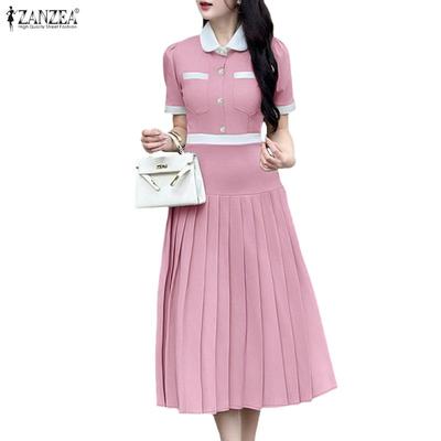 Women Casual Turn Down Collar Summer Short Sleeve Pleated Dress