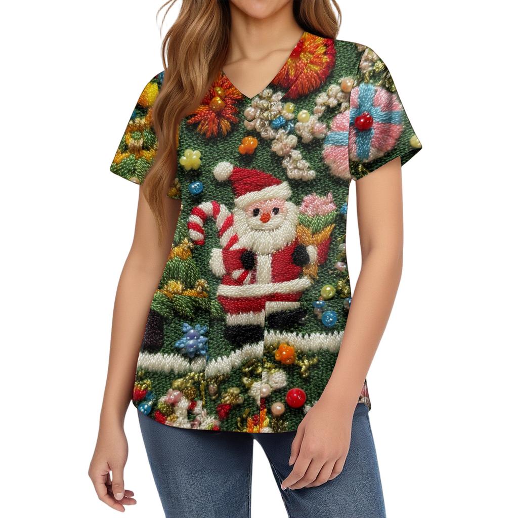 Women's Fashion V-Neck Short Sleeve Overalls With Pockets Christmas Printed Tops  Clothes
