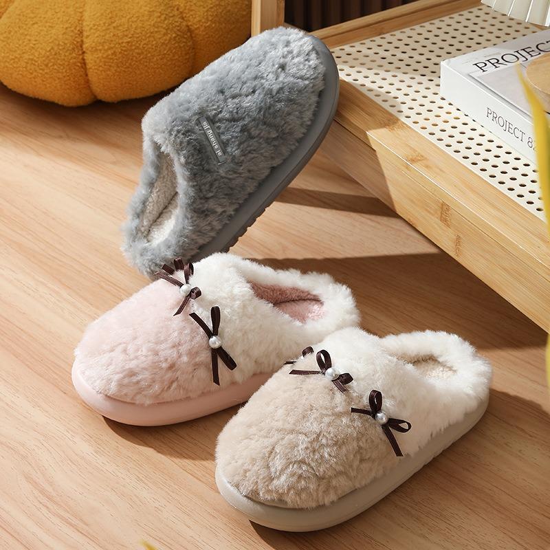 New winter pearl bow women thermal cotton slippers couple home bedroom fluffy floor mop