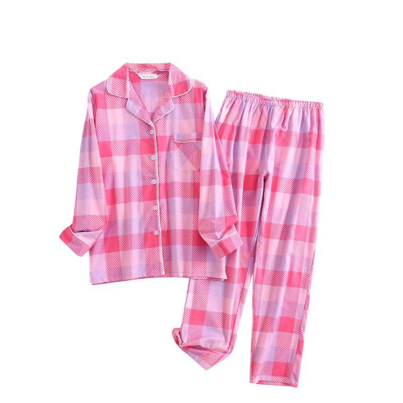 Women Plaid Casual Pajama Set Button Shirt Top and Pants