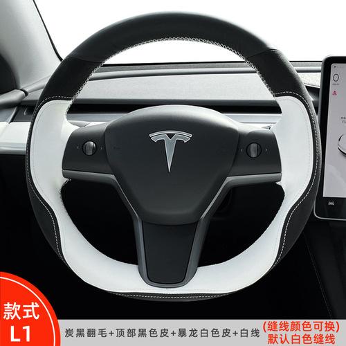 Hand Stitched black white Genuine Leather suede car Steering Wheel Cover For Tesla Model 3 2015-2021 Model Y 2019-2021