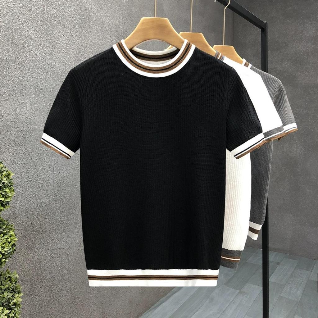 Summer Men's White Striped Short-Sleeve Knit Top