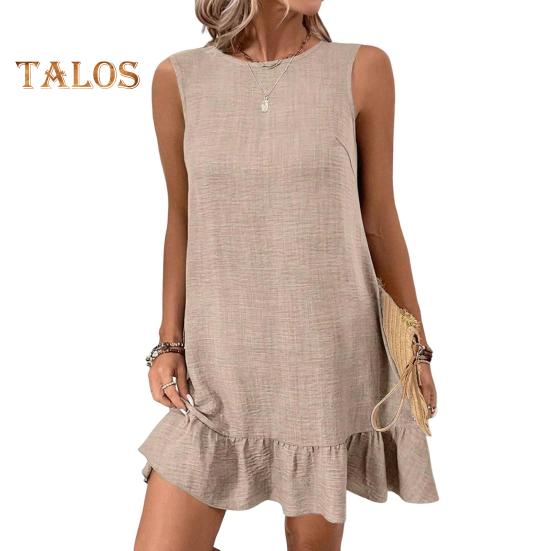 Sommerkleid mit Rüschensaum, locker, ärmellos, Rundhalsausschnitt, einfarbig, A-Linie, Minikleid für Strand, Verabredungen, Urlaub