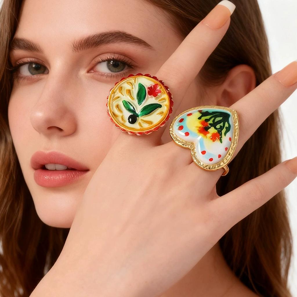 New Ethnic Style Colorful Drip Oil Flower Open Rings for Women Exquisite Metal Geometric Temperament Party Jewelry Accessories