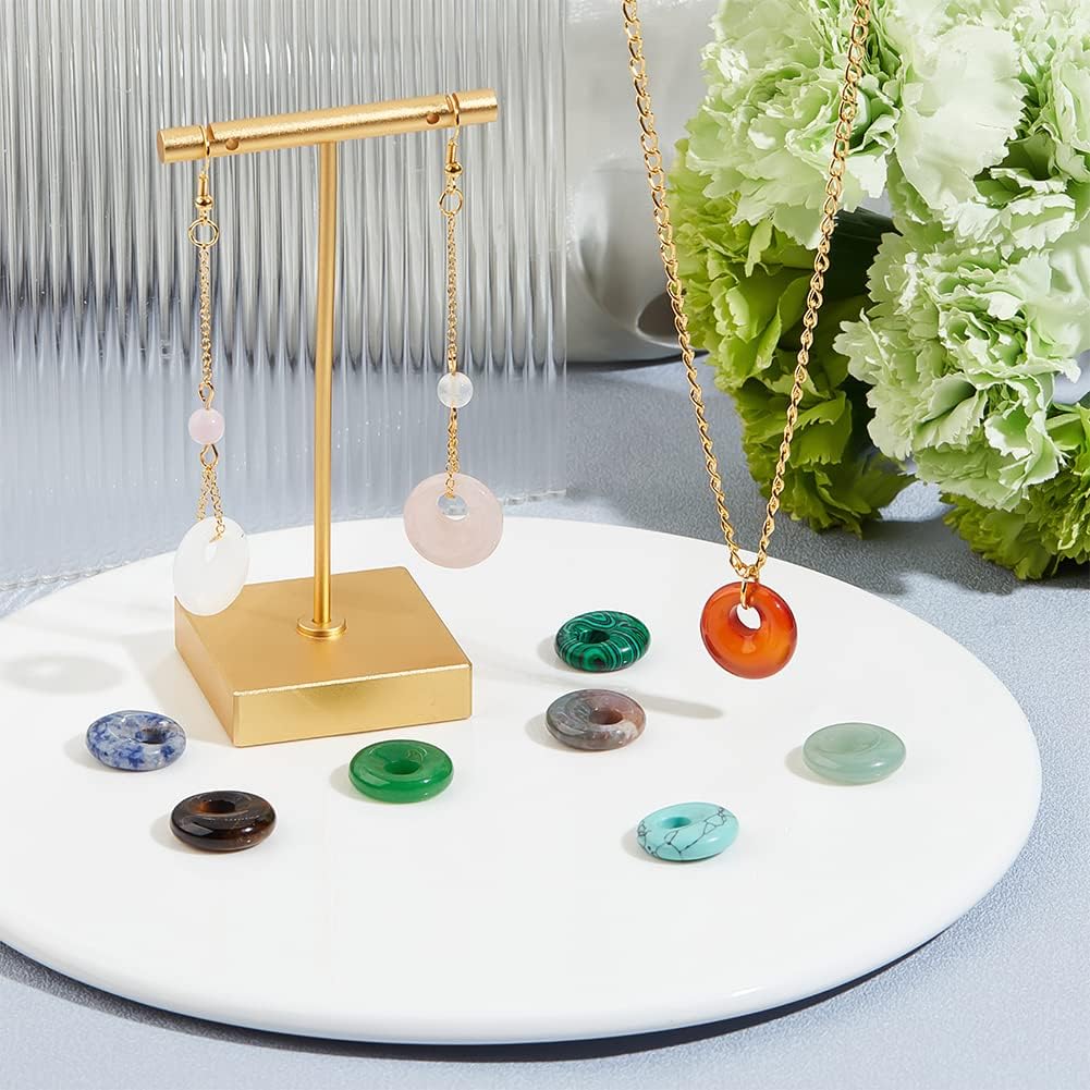 NBEADS 10 Pcs 10 Styles Natural Donut Gemstone Charms, 17.5mm Flat Round Mixed Natural and Synthetic Donut Stone Beads Pendants Natural Stone Pendant