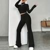 2Pcs/Set Women Solid Color Knitting Outfit Turtleneck Long Sleeve Cropped Tops High Waist