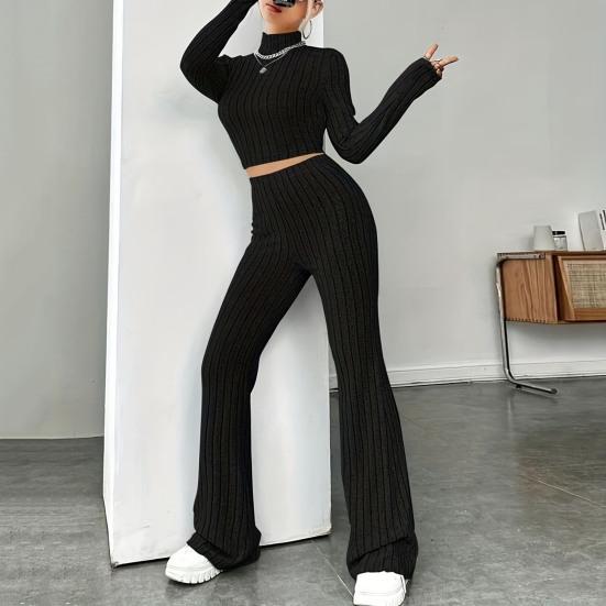 2Pcs/Set Women Solid Color Knitting Outfit Turtleneck Long Sleeve Cropped Tops High Waist
