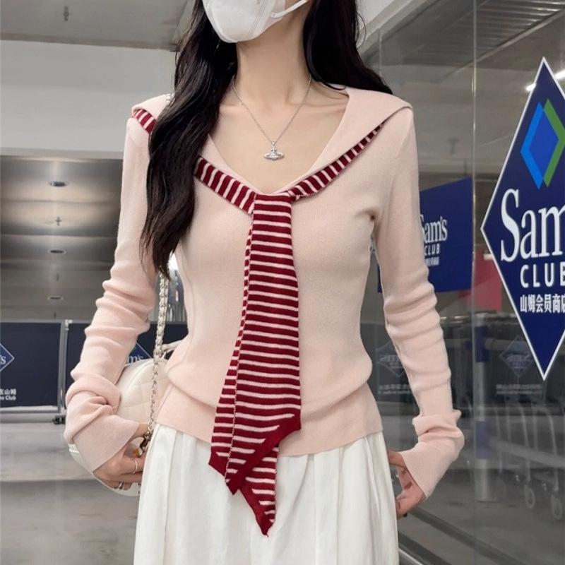 

Andy fleece washing water, navy collar contrasting color shawl long-sleeved knitted sweater for women s autumn and winter slim fit, fake two pieces One size fits all рожевий