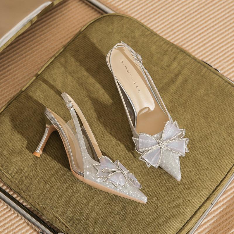 

75718 [sheepskin] high-heeled wedding shoes women s thin heels 2025 new bag head empty rhinestone bow sandals 39