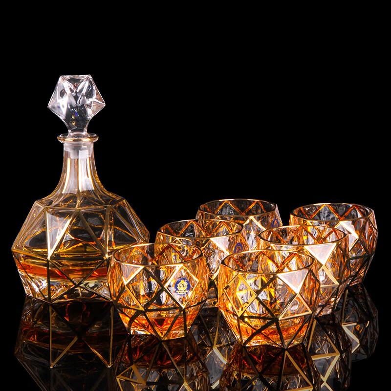 Flavinmci Diamond Golden Crystal Whiskey Decanter & Glasses Set (7-Piece)