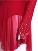Womens Long Sleeve Bodysuit Dress Rhinestones Sheer Mesh Hem Buttoned Crotch Latin Dance Wear