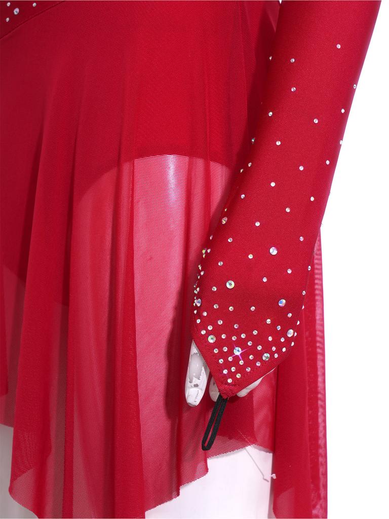 Womens Long Sleeve Bodysuit Dress Rhinestones Sheer Mesh Hem Buttoned Crotch Latin Dance Wear
