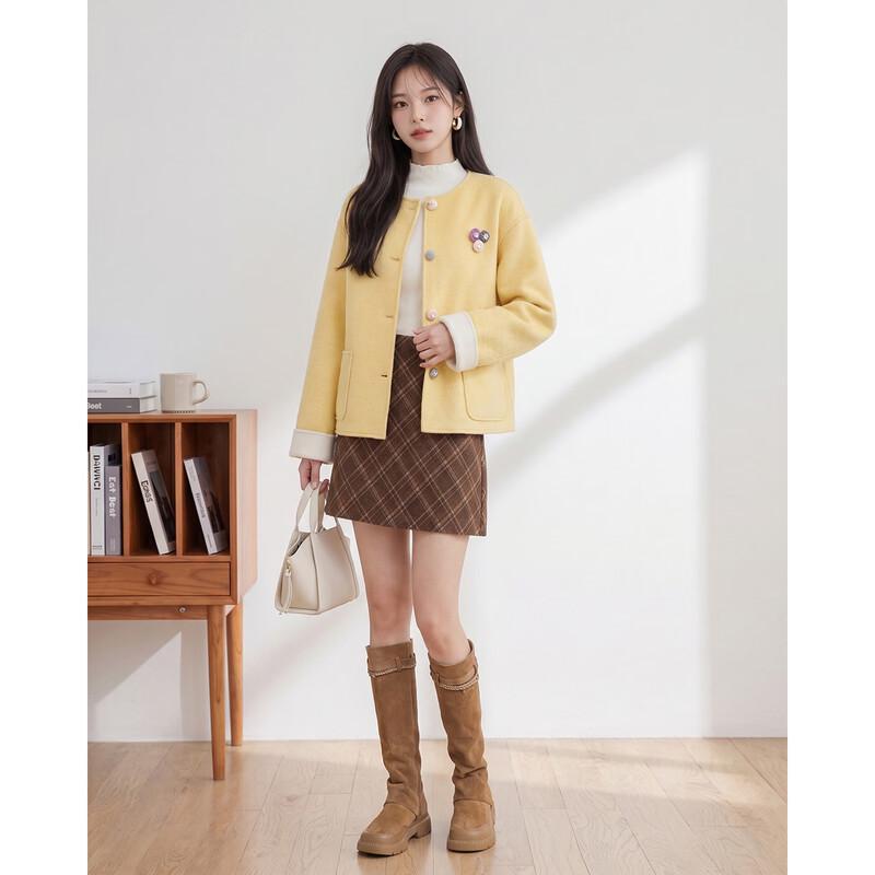 IEF Women's Short Wool-Blend Round-Neck Jacket with Decorative Buttons