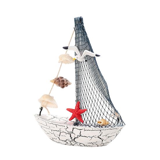 Mini Sailboat Model Nautical Resin Sailing Boat Decoration with Shell Starfish Rustic Vintage Beach Ocean Theme Ship Ornament for Home Office Bedroom