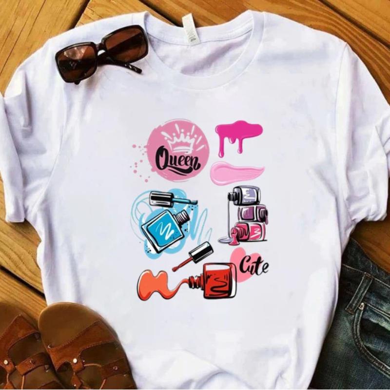 European and American Nail Polish Simple Women's Casual Cute Large Size Short-sleeved T-shirt Women Clothes Tops