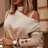 Irregular Shoulder Strap Studded Print Long Sleeve Off-Shoulder T-Shirt