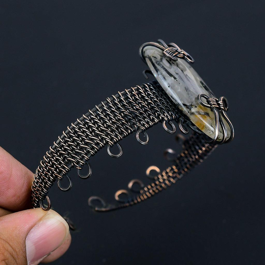 Black Rutile Gemstone Pure Copper Wire Wrapped Handmade Cuff/ Bangle Jewelry For Her
