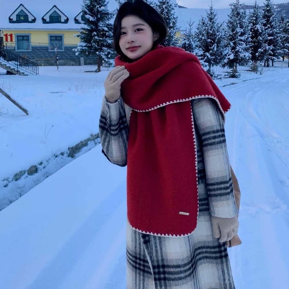 Polyester Lock Edge Winter Scarf Solid Color Women Warmer Scarf Long Thickened Neckscarf Outdoor